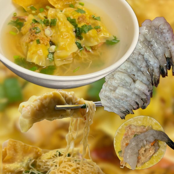 A collage showing wonton soup, raw shrimp, and a wonton being prepared with shrimp.