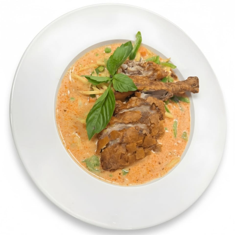 Crispy duck in red curry sauce with green vegetables and basil, served in a white bowl.