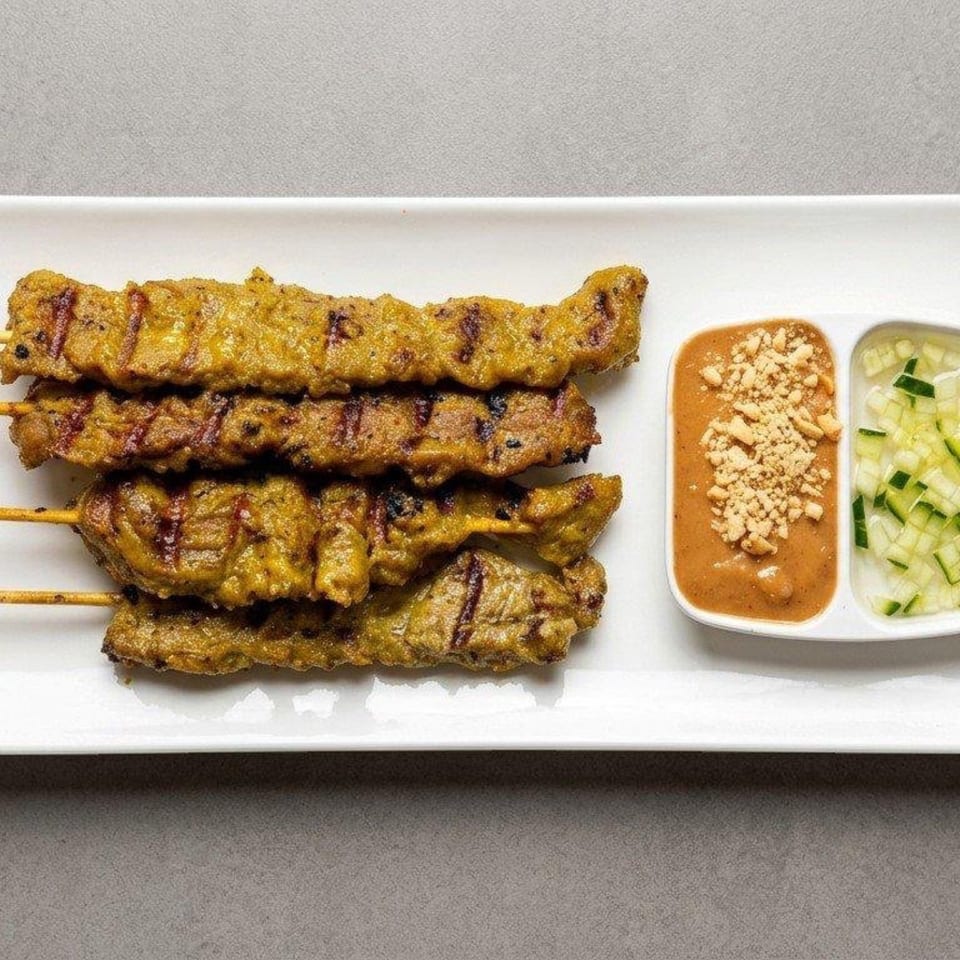 Grilled chicken satay skewers with peanut sauce and cucumber salad on a white rectangular plate.